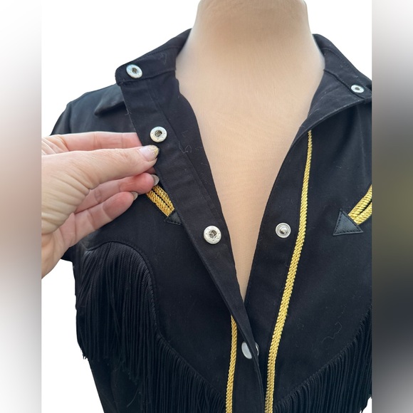 Unique Vintage Black Western Dress with gold trim and fringe - Picture 4 of 4